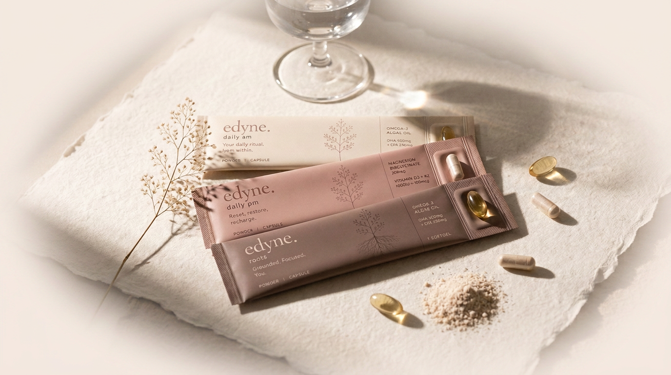 EDYNE Daily AM, Daily PM and Roots supplement sachets with capsules and botanicals