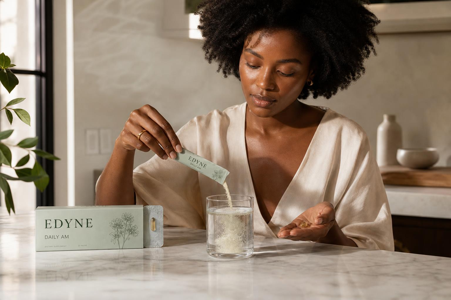 A woman pours an EDYNE Daily AM sachet into a glass of water at a sunlit marble kitchen counter, a softgel resting on her palm