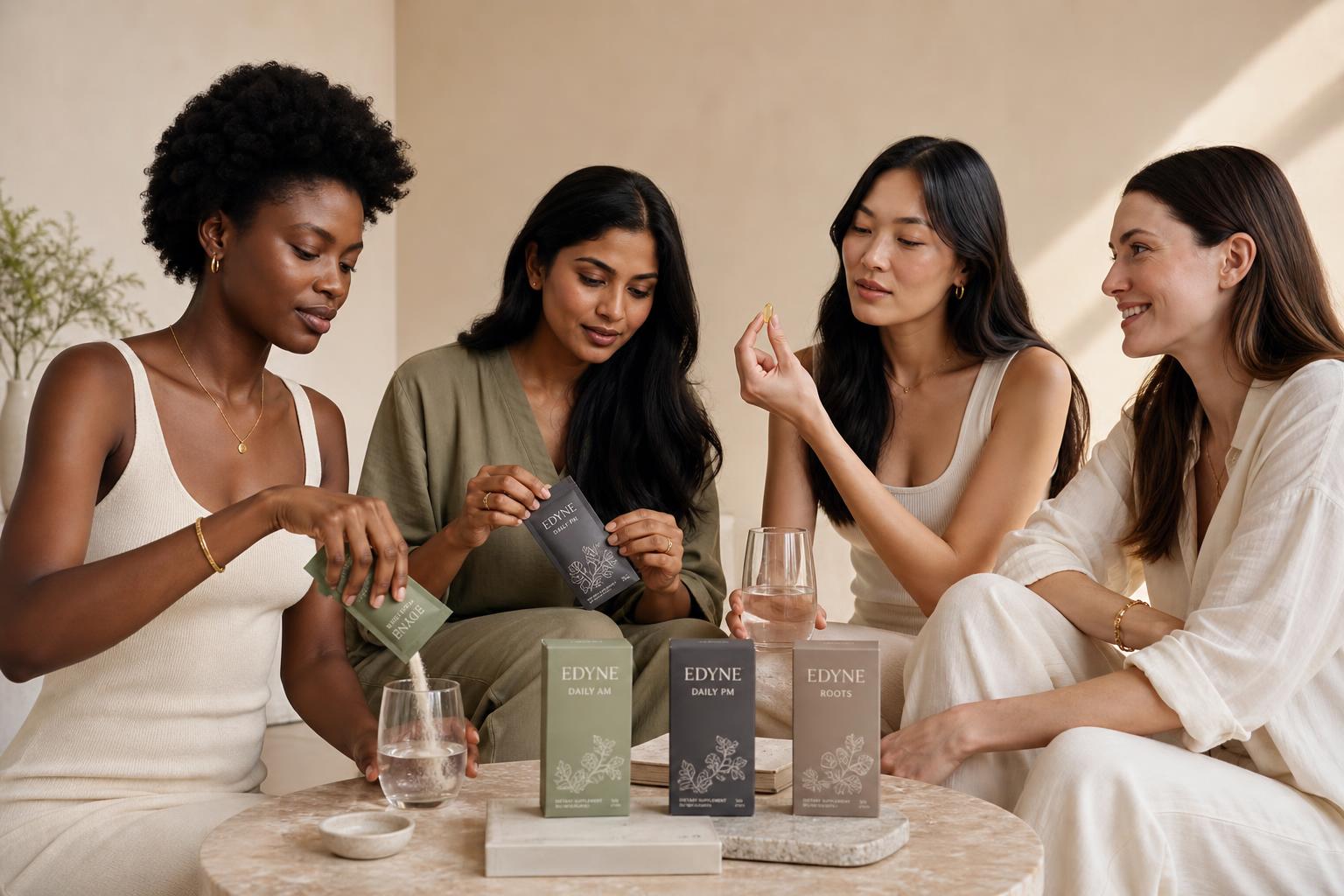Four women of different heritages unboxing EDYNE Daily AM, Daily PM and Roots together in a bright minimal studio