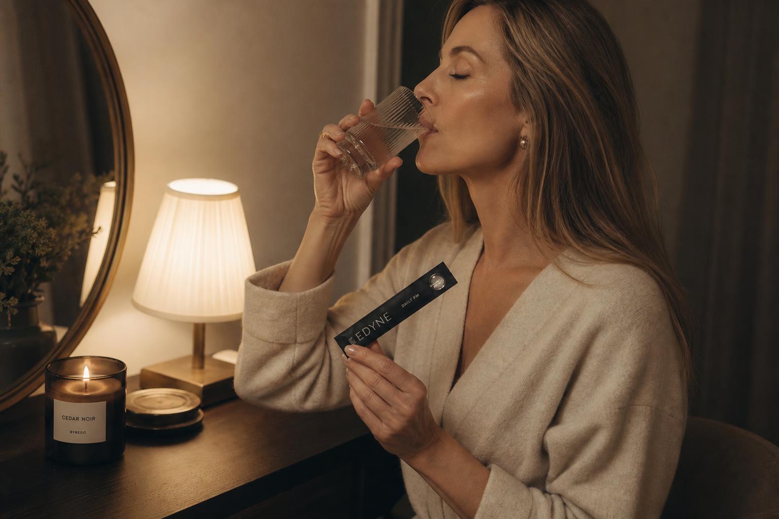 A woman takes her EDYNE Daily PM capsule with a glass of water at a dressing table in warm evening lamplight