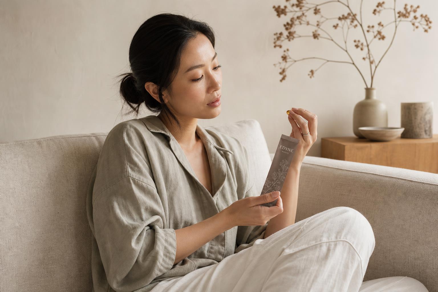 A woman examines an EDYNE Roots taupe strip and omega-3 softgel on a cream linen sofa in natural daylight